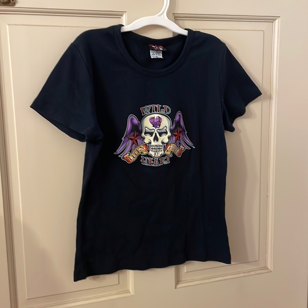 Vintage 1990s Rockabilly Lucky 13 Skull Black Tee T Shirt Top. Sz: Small USED!